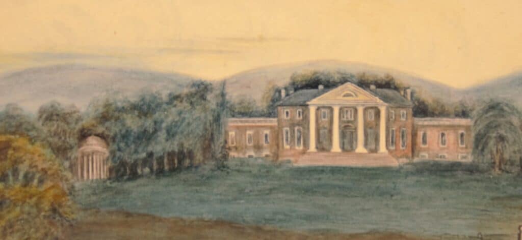 A watercolor painting depicts a large, classical-style mansion with columns in front. The mansion is set in a spacious landscape with trees and hills in the background.