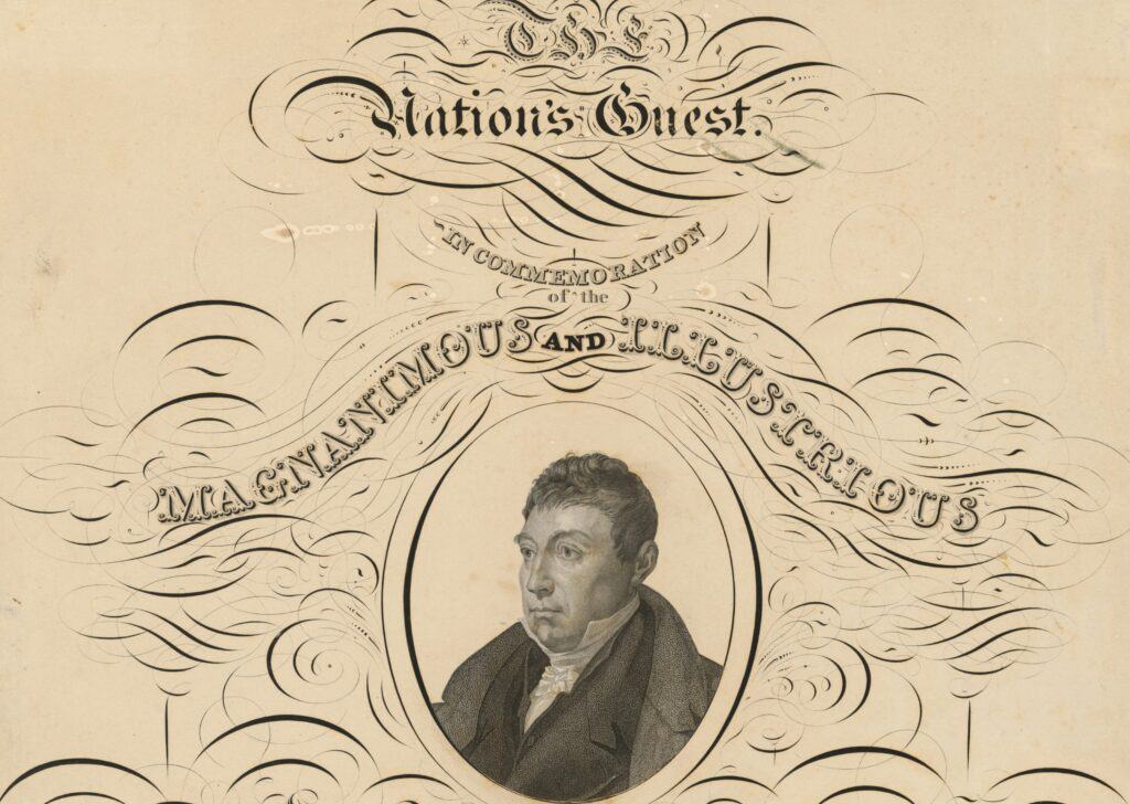 Old document featuring a portrait of a man framed by ornate decorative elements and the words "Nation's Guest" and "In Commemoration of the Magnanimous and Illustrious.