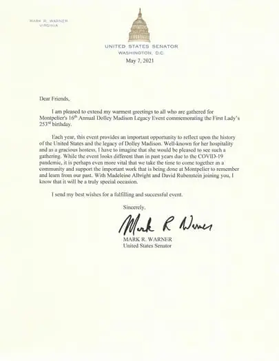2021 - Congratulatory letter from the office of Sen. Mark Warner