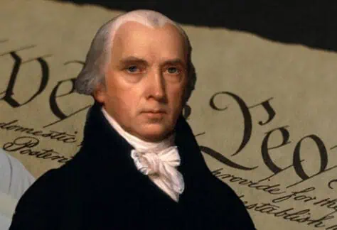 A portrait of a man in 18th-century clothing is shown in front of a partially visible U.S. Constitution with "We the People" at the top and a white quill in the foreground.