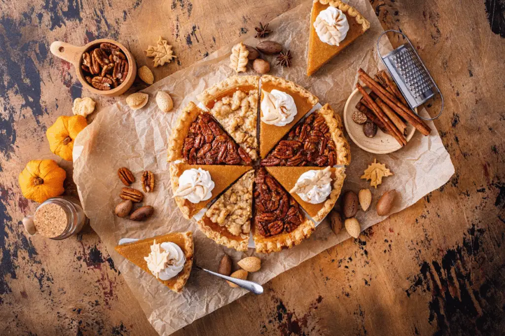 Overhead view of sliced pecan, pumpkin, and walnut pies on parchment paper, surrounded by nuts, cinnamon sticks, small pumpkins, and spices on a rustic table.