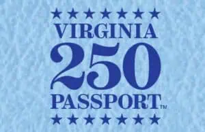 Blue background with bold blue text reading "Virginia 250 Passport" surrounded by stars.