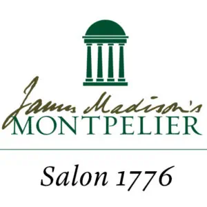 Logo for James Madison's Montpelier featuring a green rotunda, stylized text, and the phrase "Salon 1776" below.