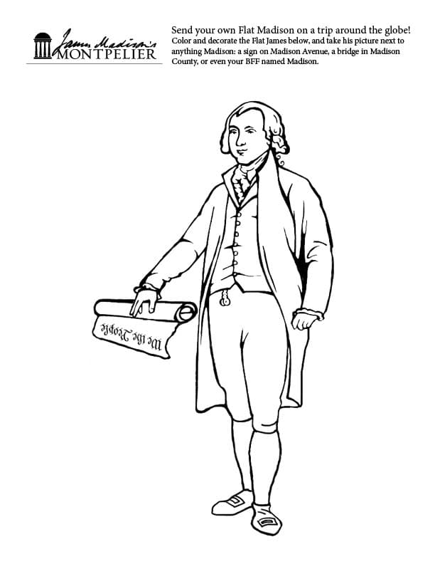 Black and white line drawing of James Madison holding a scroll, with text inviting users to decorate and photograph "Flat Madison" at various locations.