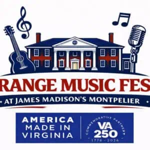 Logo for Orange Music Fest at James Madison’s Montpelier featuring a mansion, guitar, microphone, musical notes, and text, with “America Made in Virginia VA250” at the bottom.