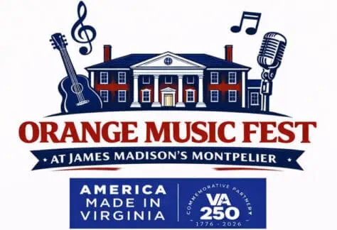 Logo for Orange Music Fest at James Madison’s Montpelier featuring a mansion, guitar, microphone, musical notes, and text, with “America Made in Virginia VA250” at the bottom.