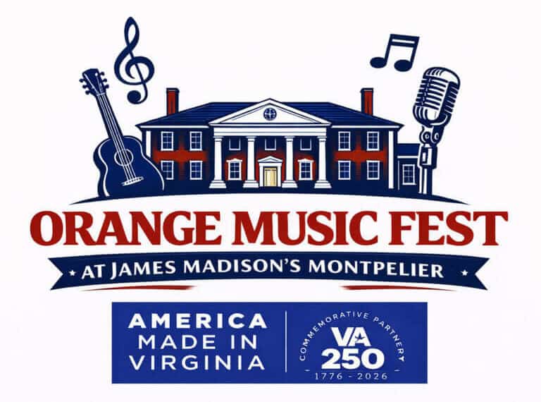 Logo for Orange Music Fest at James Madison’s Montpelier featuring a mansion, guitar, microphone, musical notes, and text, with “America Made in Virginia VA250” at the bottom.
